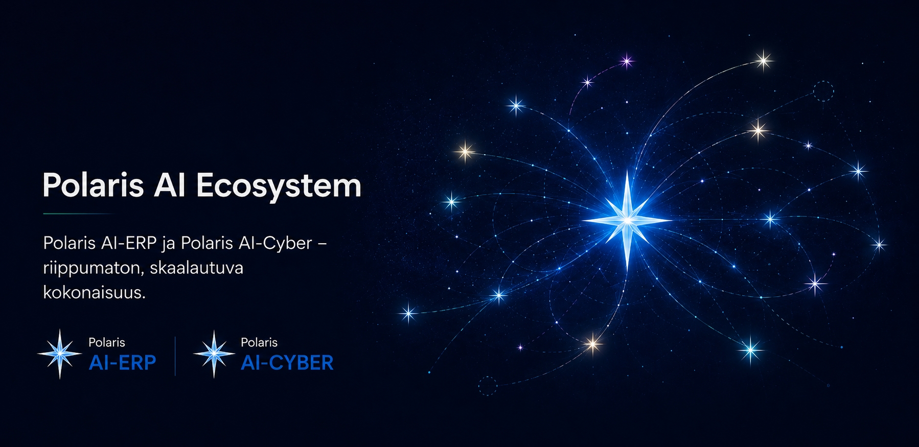 Polaris AI Ecosystem tähti symboli myös AI-ERP ja AI-Cyber brandeissä voimakasta AI: tuomaa muutosta ja uusiutumista.