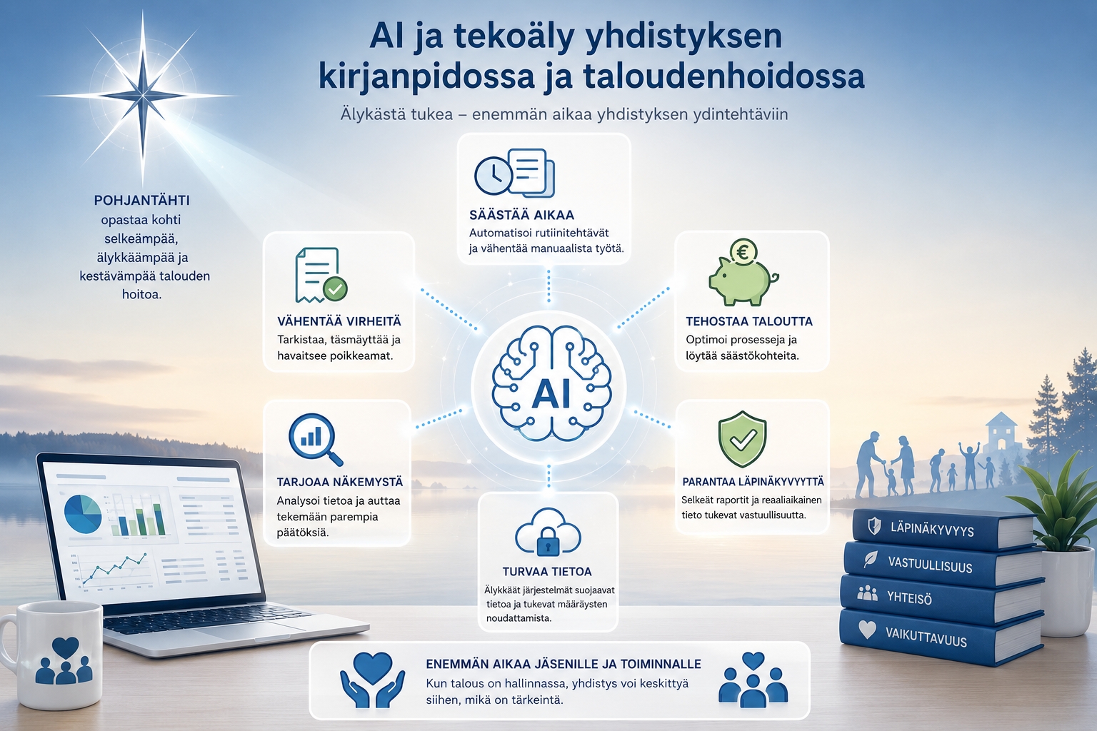 Kirjanpitovelvollinen yhdistys ja tekoäly: mitä hallituksen kannattaa tietää? Ei palkattua taloushallintoa? Tekoäly voi silti keventää yhdistyksen kirjanpitoa.