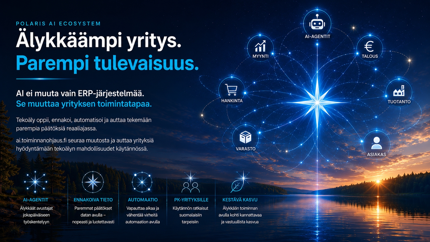 Tekoäly muuttaa yritysten toimintaa yhtä perusteellisesti kuin internet aikanaan. Muutos ei tapahdu yhdessä yössä, mutta se on jo käynnissä. ai.toiminnanohjaus.fi seuraa tätä kehitystä riippumattomasti ja kokoaa yhteen oppaat, artikkelit, uutiset, käytännön ratkaisut ja ideat, joiden avulla yritykset voivat hyödyntää tekoälyä hallitusti ja pitkäjänteisesti.