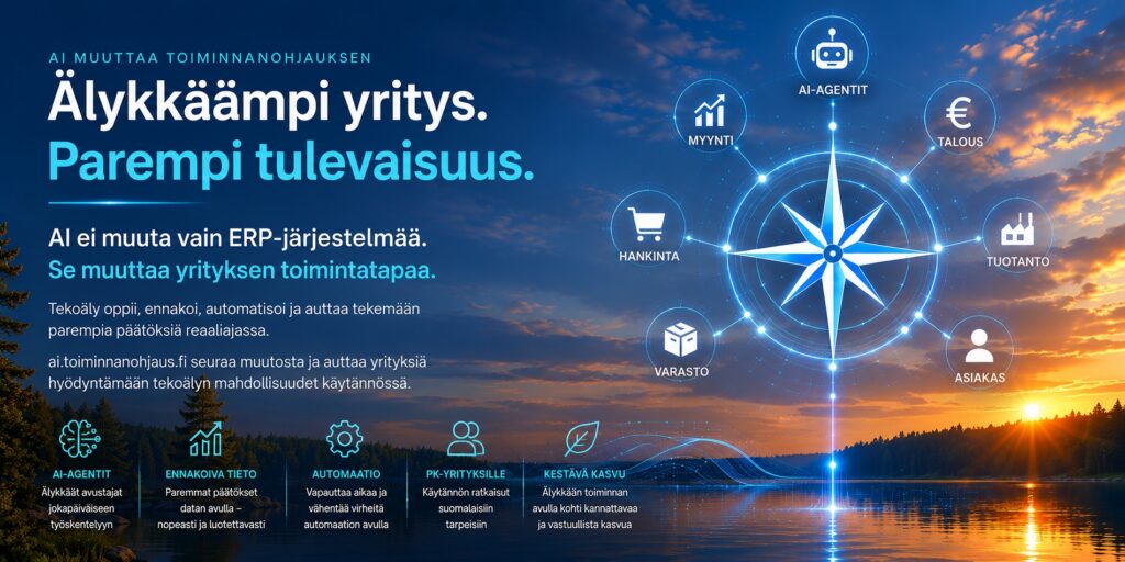 Kuvassa AI-ERP pohjantäti, joka kertoo, että AI ei muuta vain ERP-järjestelmää, vaan se muuttaa yrityksen toimintatapaa ja ajattelua. Myös AI-agentit, ennakoiva tieto, automaatio ovat tärkeitä kun PK-yritykset hyödyntävät AI - tekoälyn luomia mahdollisuuksia.